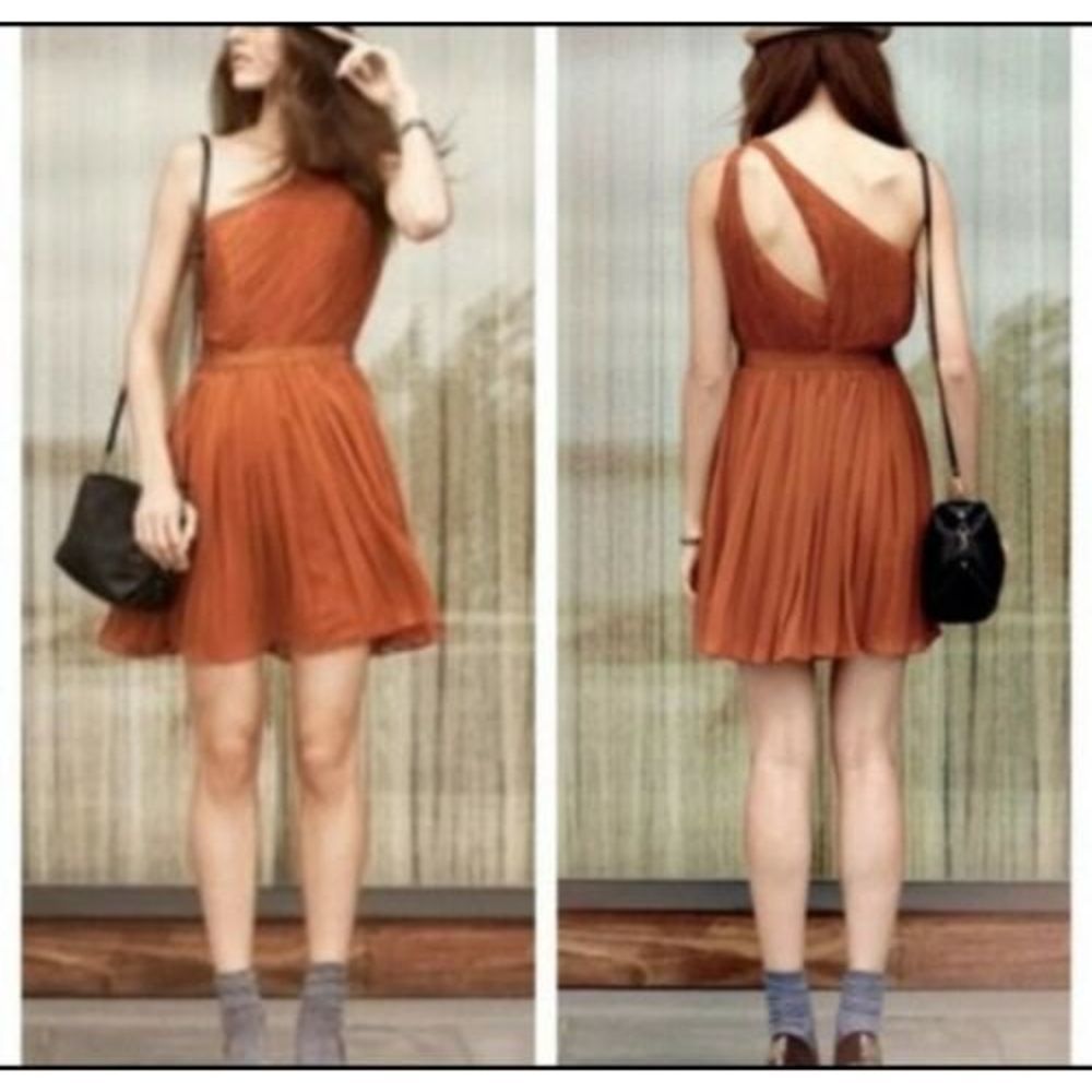 Club Monoco Pleated Cocktail Dress Rust Burnt Orange Asymmetrical Sleeve Size 4